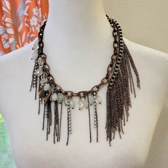 One Of a Kind Multi-Chain Necklace with White Beaded Accents - Picture 1 of 6